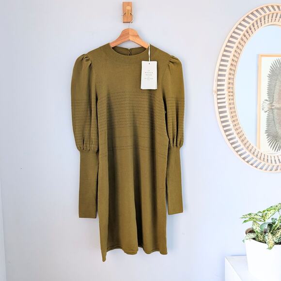 SEZANE Abby Puff Sleeve Merino Wool Sweater Dress, Green, Size S, NWT - Picture 1 of 10